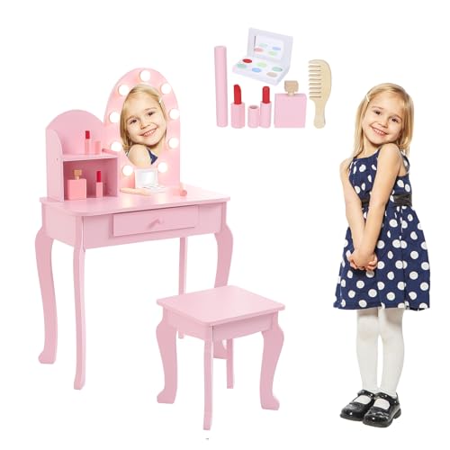 Garvee Kids Vanity Set with Touch Lighted Mirror, Pretend Play Girls Vanity Table and Chair Set with Mirror, Stool, and Wood Makeup Playset, Pink, Pur