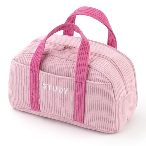 Image of EASTHILL Corduroy Hand-held Pencil Case Large Cute Pencil Pouch Stationery Pen Bag for Teen Girls-Pink