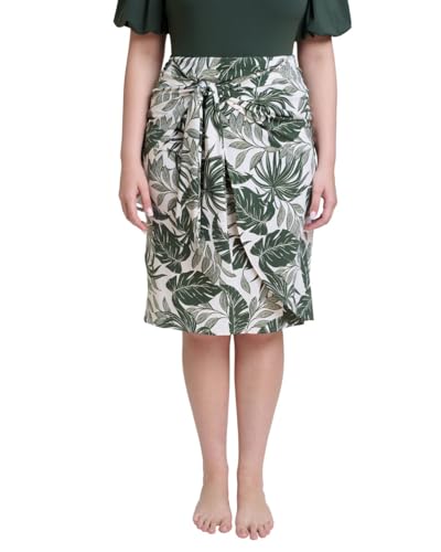 Gottex Modest Women Draped Tie Skirt in Ivory and Green Tropical Print with Adjustable Tie and Flattering Draped Design