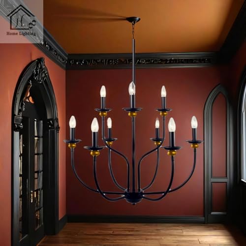 Image of 9-Light Chandelier, Black Metal with Gold Accents, Traditional Candle Style