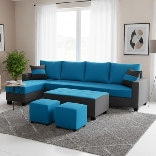Image of FURNY Avenue 8 Seater Fabric LHS L Shape Sofa Set with 1 Centre Table & 2 Puffy (Aqua Blue-Dark Grey) Premium Velvet Finish
