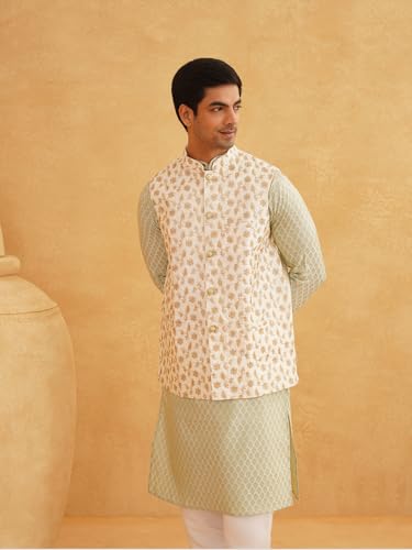 Sojanya (Since 1958 Men'S Silk Blend Self Design Pista Green Kurta With Pyjama & Cream Nehru Jacket3