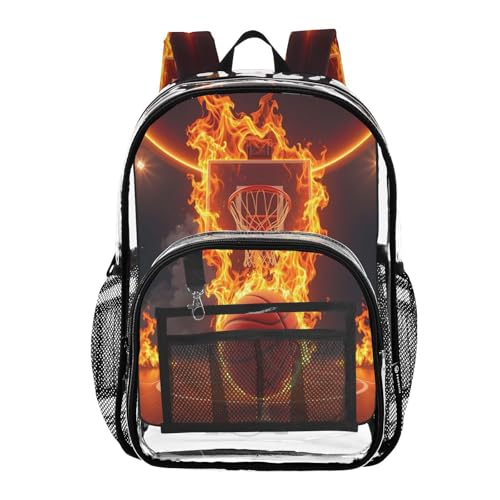 Basketball Fire Court Ball Clear Backpack Heavy Duty See Through Transparent PVC BookBag for Kids Boy Girl School Work