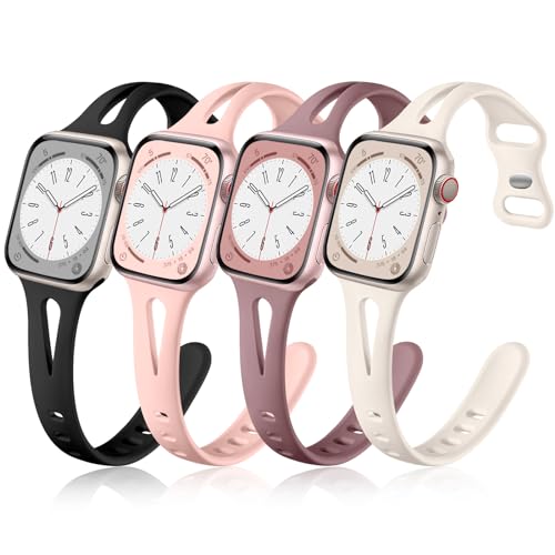 Image of Getino Slim Bands Compatible with Apple Watch Band Series 11 10 9 8 7 6 5 4 3 2 1 SE 38mm 40mm 41mm 42mm Women, Dressy Silicone Skinny Thin Sport iWatch Wristbands,Black /Pink /Smoke Purple /Starlight