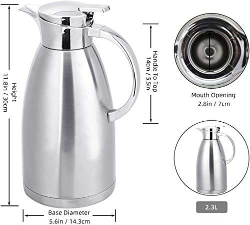 Edelstahl-Isolierkanne 2,3 Liter – Silber – Doppelwandige Vakuum-Kaffeekanne für Heiß- & Kaltgetränke, 18/8 Edelstahl, Auslaufsicher, Leicht zu Reinigen