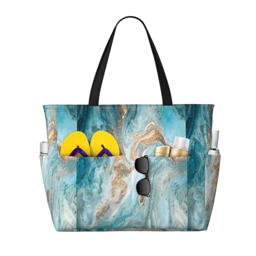 Sac fourre-tout chic marbre bleu et or, grand sac de plage