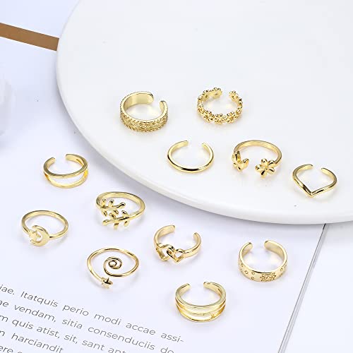 Ironbox 12Pcs 14K Gold Plated Adjustable Toe Rings For Women Summer Beach Open Toe Rings Set Heart Flower Leaf Tail Pinky Band Rings Barefoot Foot Jewelry #TOP3