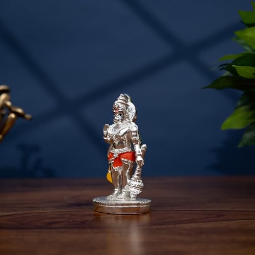 Image of Idolkart Premium Silver-Plated Hanuman Idol (4 inch) with Pure Silver Coating - Hanuman Ji for Car, Hanuman Murti for Car Dashboard, Lord Hanuman Idol for Car Dashboard and Home Decor, Idol