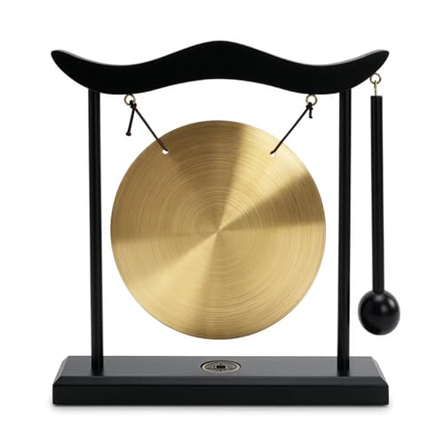 YOUEON Zen Table Gong with Wooden Frame and Mallet Brass Desktop Meditation Gong Decor Smooth Polished Copper Ornament for Home Office Yoga & Mindfulness Gift