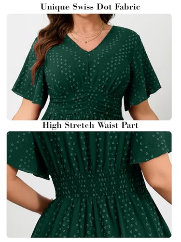 Image of RWJ Women's Plus Size Maxi Dress V Neck Short Sleeve Swiss Dot A Line High Waist Boho Swing Casual Summer Dresses