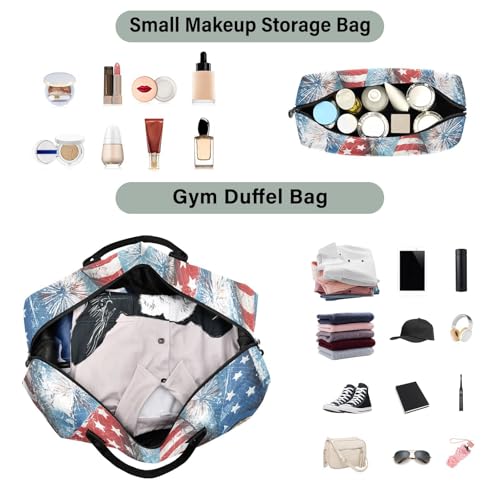 Cute Gnomes with American Flag Pattern Travel Duffle Bag, Large Weekender Overnight Bags for Women Men Waterproof Carry on Shoulder Tote Bags for Hospital Maternity Mommy Gym with Toiletry Bag4