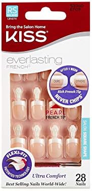 Kiss Everlasting French Nail Manicure, Chip-Free, Flexi-Fit Technology, Real Short, String of Pearls", Nail Kit with Pink Nail Glue (Net Wt. 2g / 0.07oz), Mini File, Manicure Stick, and 28 Fake Nails