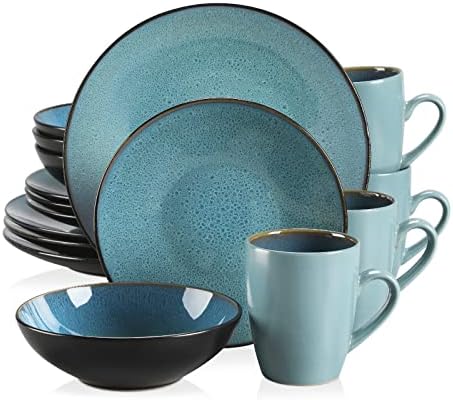 vancasso Starry Blue Dinner Sets, Reactive Glaze Plates and Bowls Set, 12-Piece Crokery Set with 11in Dinner Plate, 8in Dessert Plate and 750ml Bowl, Service for 4