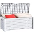YITAHOME 120 Gallon Large Outdoor Storage Deck Box with Cushion, Waterproof Cushion Storage Bench with Lockable Lid for Patio, Pool Supplies, Garden Tools, Resin, White