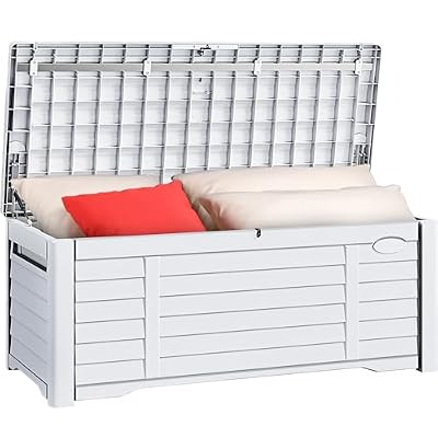 YITAHOME 120 Gallon Large Outdoor Storage Deck Box with Cushion, Waterproof Cushion Storage Bench with Lockable Lid for Patio, Pool Supplies, Garden Tools, Resin, White
