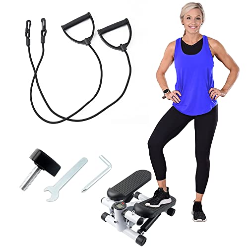 Pebble Hill Portable Stair Stepper with Easy to Read Display, Resistance Bands, Non-Slip Foot Petals, Adjustable Height for Mini, Mid-Size, and Large Home or Office Gym