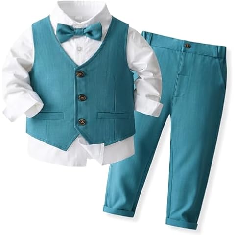 Toddler Baby Boys Gentleman Suit 3pcs Outfits Long Sleeve Shirts & Blue Vest & Pants Tuxedo Wedding Birthday Party Set 3-4Y Cover