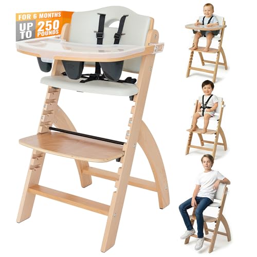 Image of Abiie Beyond Junior Wooden High Chair for Babies and Toddlers - Convertible 3-in-1 Baby Highchair with Removable Tray - 6 Months to 250 Lb - Water Resistant - Natural Wood with Dove Grey Cushion