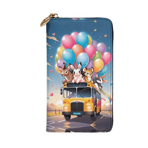 Women's Long Cash Wallet, PU Leather Elegant Clutch Change Purses with Zipper, Travel, Gifts (Animals Balloons on a Bus Print)2