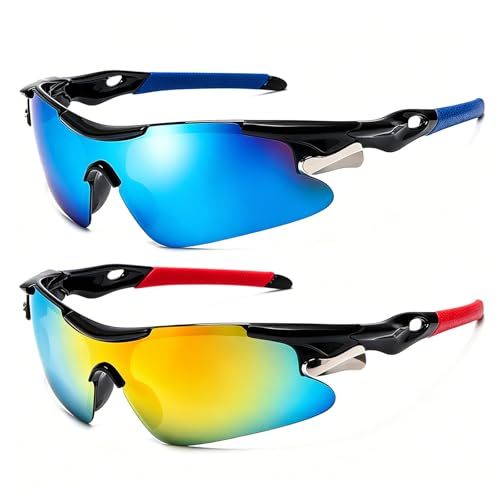 RJQZN 2 Pares Gafas Deportivas de Ciclismo para Hombre y Mujer, Protección UV400 Lentes PC Azul Amarillo, Ideal Correr Béisbol Golf Pescar Bicicleta