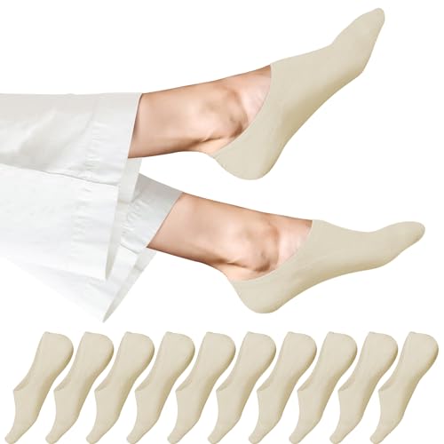 EKSHER Füsslinge Damen 39-42 Sneaker Socken Herren 10 Paar Unsichtbare Ballerina No Show Socken Weiss Sportsocken Baumwoll Kurze Halbsocken Silikonpad Verhindert Verrutschen Atmungsaktive Beige