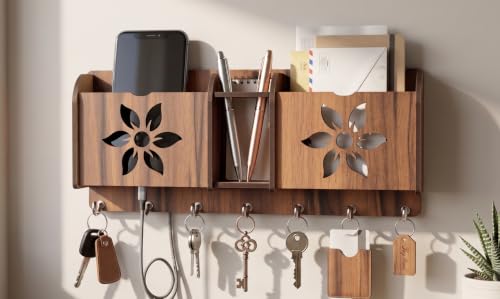 Image of Wall Mount Key Holder & Mail Organizer | Laser-Cut Key Hanger with 7 Metal Hooks, Letter Rack & Pen Stand | Wooden Wall Decor for Entryway, Living Room, Home & Office (Noir-Petal)