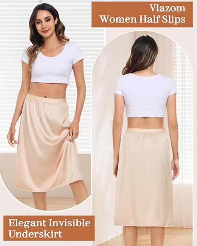 Vlazom Women's Satin Half Slip Lace Slip Skirt Long Half for Under Dress Skirt Extender S-XXL2