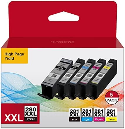 PGI-280XXL CLI-281XXL 5-Color Value Pack Compatible Ink Cartridge Replacement for Canon PGI-280 CLI-281 XXL High Yield to use with PIXMA TR7500 TR7520 TR8500 TR8520 TR8620 TS6120 TS6220 TS9120