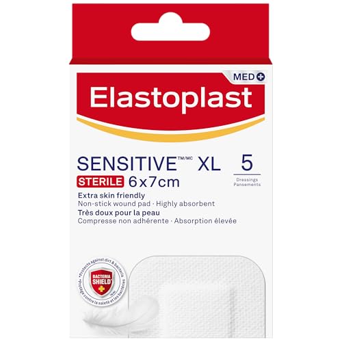Elastoplast Sensitive XL Med+ Dressings (5 Strips) Pack of First Aid Plasters Large Everyday use for Post-Operative Wounds Skin-Friendly Sterile Dressings for Wounds 0% Latex White