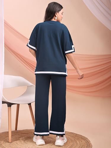 Image of ELLITI Women's Co-ord Set, Down Short Sleeve Top and Wide Leg Trousers with White Trim
