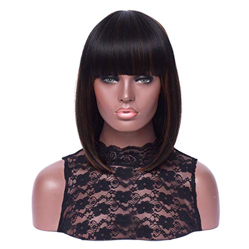 Qaccf Shoulder Length Short Straight Yaki Synthetic Women Bob Full Bang Wig (Black Mix Brown)