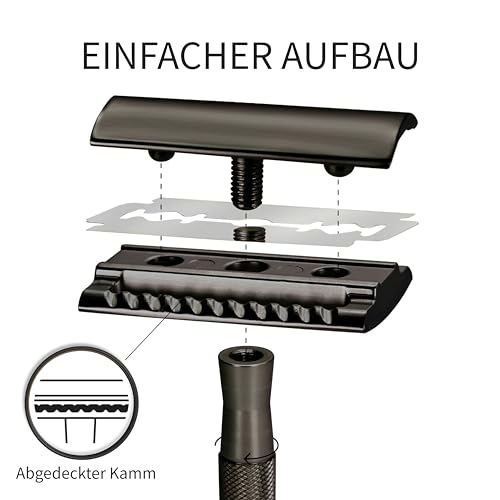 Foto von Bambaw Rasierhobel Herren und Damen mit 5 Rasierklingen | Hobel Rasierer mit Rasierhobel Ständer | Geschlossener Kamm | Metall Rasierer Herren Nass | Schwarz