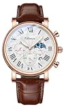 FANMIS Men's Classic Multifunctional Military Sports Analog Watch Business Dress Waterproof Luminous Chronograph Starry Sky Moon Phase Leather Wristwatch (X Brown Rose)