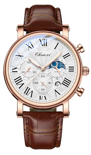 Image of FANMIS Men's Classic Multifunctional Military Sports Analog Watch Business Dress Waterproof Luminous Chronograph Starry Sky Moon Phase Leather Wristwatch, X Brown Rose, Fashion Watch