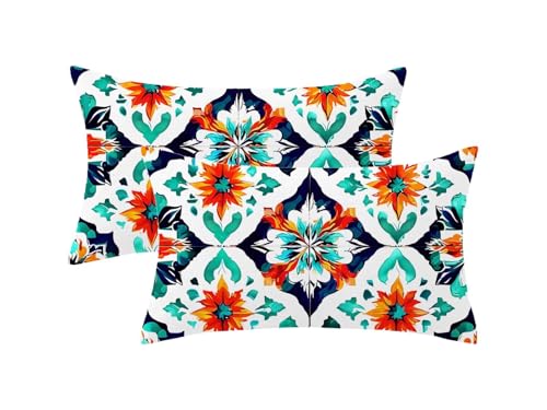 Juego de 2 Verde azulado Fundas Cojines Exterior Impermeable, marroquí Funda Cojin 70x90 con Cremallera Invisible, Impermeable Lino Cushion Covers para Exterior Jardín Decor, Regalo Mujer,Model197