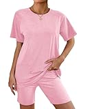 Ekouaer Two Piece Sets for Women Summer Outfits 2026 Lounge Set Crew Neck Tshirts Biker Short Sweatsuit with Pocket Dark Pink, Large