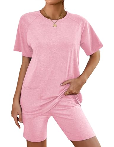 Image of Ekouaer Two Piece Sets for Women Summer Outfits 2026 Lounge Set Crew Neck Tshirts Biker Short Sweatsuit with Pocket