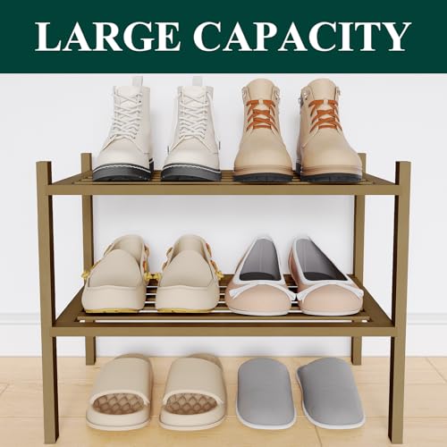 Image of Smiry Bamboo Shoe Rack, 5 Horizontal Slats, 2 Tier - 17.3 inch Wide, Walnut