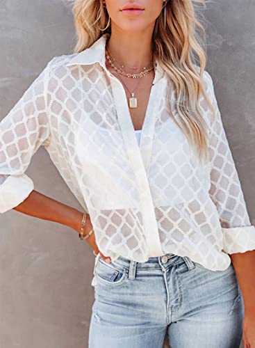 Farysays Womens Summer Sheer Long Sleeve Blouses Button Down Shirts Lightweight Thin See Through Tops For Teen Girls Unlined White Small #TOP1