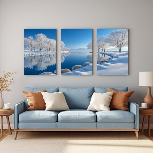 Tableaux Moderne Arbres d’hiver Toile Boho Bleue pour Habiller un Mur Vide 3 Pièces - 3