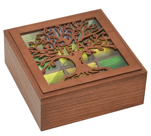 Optyuwah Boîte à thé, boîte de rangement en bois, marron, pour sachets de thé, sucre, capsules de café, boîte de conservation avec arbre de vie et...