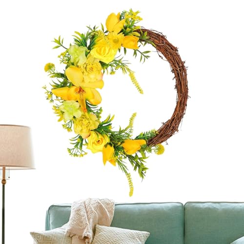Corone di primavera per porta d'ingresso, corona di fiori gialli, decorazione della corona tutto l'anno, corona di fiori artificiali da 13,7 pollici, per parete, finestra