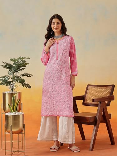 Image of Ada Lucknow Chikankari Hand Embroidered Faux Georgette Kurta Kurti Tunic Dress for Women A95504