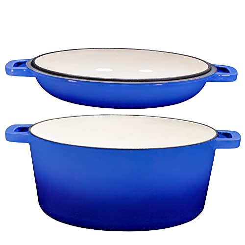 Bruntmor 2-In-1, 5 Quart Enamel Cast Iron Dutch Oven With Handles, 5 Qt Duke Blue Cast Iron Skillet, Enamel All-In-One Cookware Braising Pan For Casserole Dish, Crock Pot Covered With Cast Iron #TOP2
