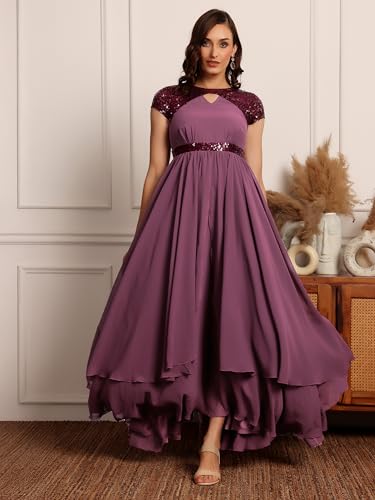 Image of Miss Chase Women's Round Neck Sleeve Embellished Fit Flare Maxi Dress