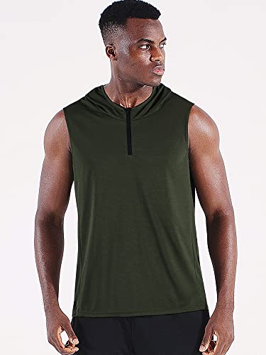 Neleus Men's Running Tank Tops Sleeveless Athletic Workout Shirts With Hoods And Zipper,3 Pack,5099,Black/Grey/Olive Green,S #TOP1