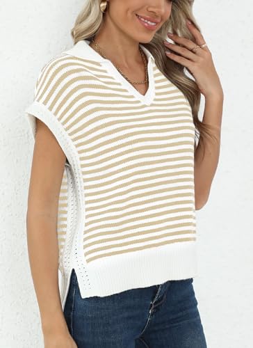 Image of Summer Sweater Vest for Women Knit Sleeveless Striped Johnny Collar Pullover Tank Tops V Neck Cap Sleeve Blouse