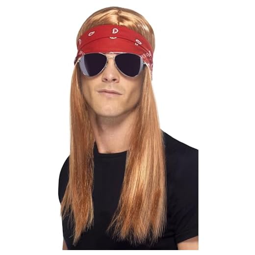 Smiffys Kit de roquero de los 90, con peluca castaña rojiza con pañuelo y gafas de sol