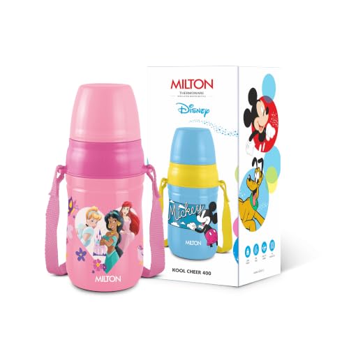 Image of MILTON Disney Kool Cheer 400 Plastic Insulated Thermo Water Bottle with Straw for School Kids I Food Grade, Leak Proof Lid with Hands Free Sipper, Easy to Carry Loop, Picnic, BPA Free, 390 ml, Pink