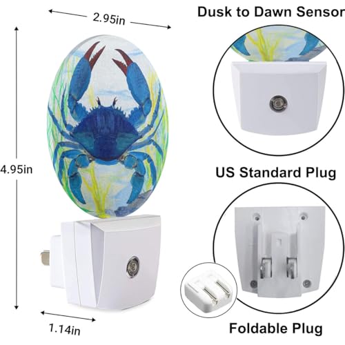 Image of Blue Crab Night Light Shellfish Sea Grass Night Lights Plug into Wall 0.5W LED Lighting Auto on /Off for Hallway Stairway Kitchen Home Decor